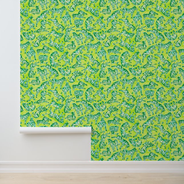 Papier Peint Preppy Palm Beach Green Zebras (Application)