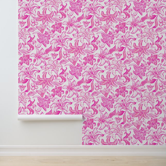 Papier Peint Preppy Palm Beach rose et blanc Fleurs (Application)