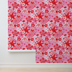 Papier Peint Preppy Palm Beach rose et rouge Fleurs