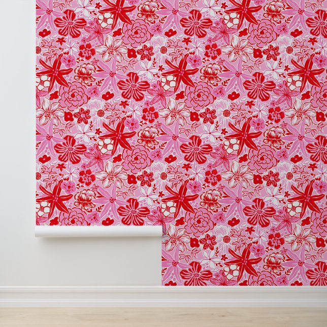 Papier Peint Preppy Palm Beach rose et rouge Fleurs (Application)