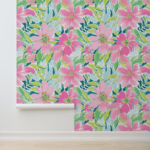 Papier Peint Preppy Palm Beach rose et vert Fleurs tropicales