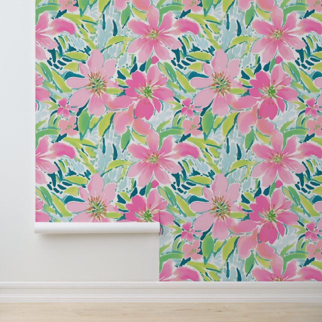 Papier Peint Preppy Palm Beach rose et vert Fleurs tropicales (Application)