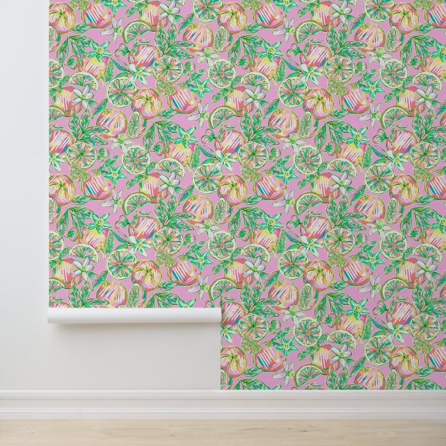 Papier Peint Preppy Palm Beach Rose & Oranges vertes (Application)