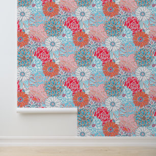 Papier Peint Preppy Palm Beach Rouge Orange et Fleurs Bleues