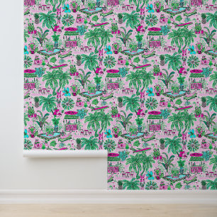 Papier Peint Preppy Palm Beach Vacances animal rose et vert