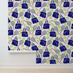 Papier Peint Preppy Tennis Rose Racquettes Marine Bag Balls