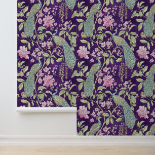 Papier Peint Purple Chinoiserie paon peigne et bâton fleuri