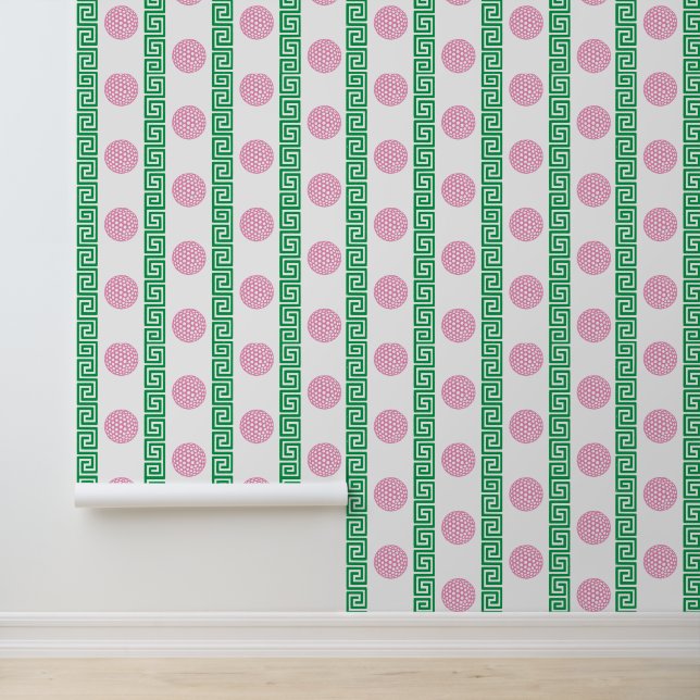 Papier Peint Rayure à clé grecque Preppy Golf en rose et vert (Application)
