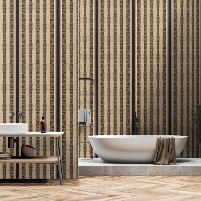Papier Peint Rayure de chaîne patrimoniale (Noir + Luxe Sable) (Salle de bain)