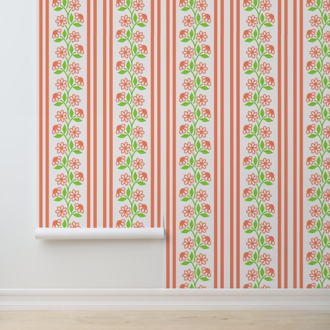 Papier Peint Rayure de colonne florale corail et lime (Application)