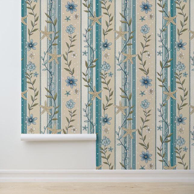 Papier Peint Rayure Florale Côtière Aqua Beige Élégance Design (Application)