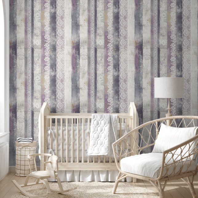 Papier Peint Rayure Shabby Chic Lavande Crème Rustique (Enfants)