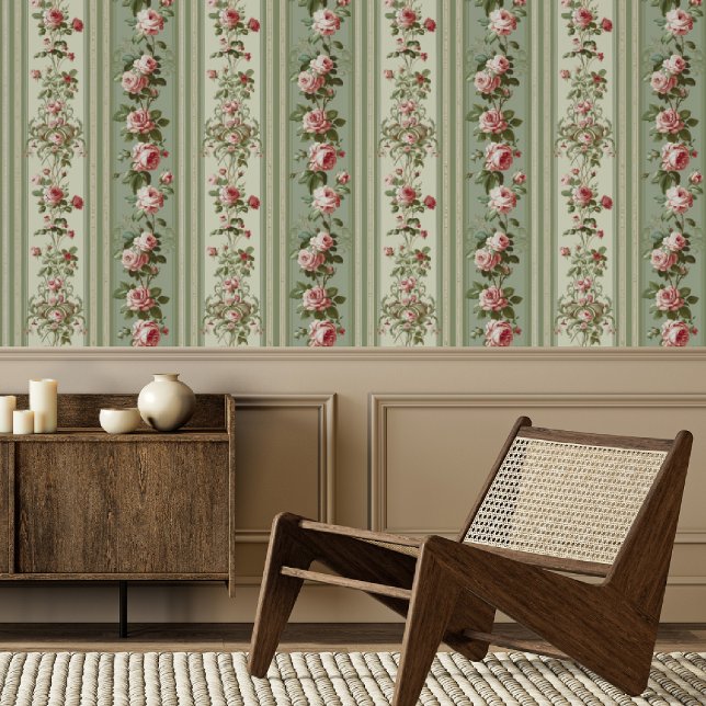 Papier Peint Rayure Vert Sauge et Rose Florale Rose (Créateur téléchargé)