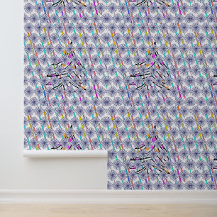 Papier Peint Rayures arc-en-ciel + Arbres bleus BlueB