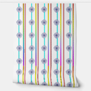 Papier Peint Rayures arc-en-ciel + Fleurs bleues