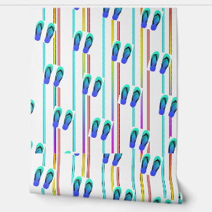 Papier Peint Rayures arc-en-ciel + Tongs bleues Enfants