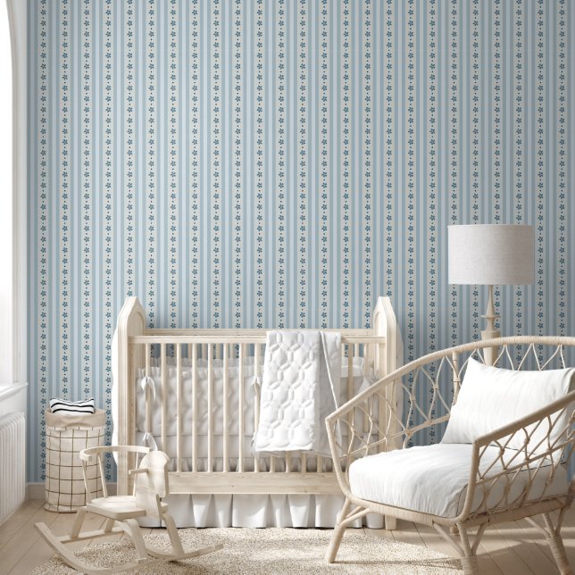 Papier Peint Rayures Bleues Clair Et Fleurs (Enfants)