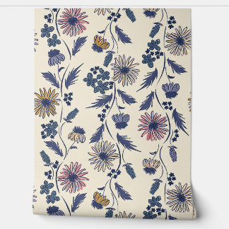 Papier Peint Rayures de fleurs sauvages - Lavande et bleu denim