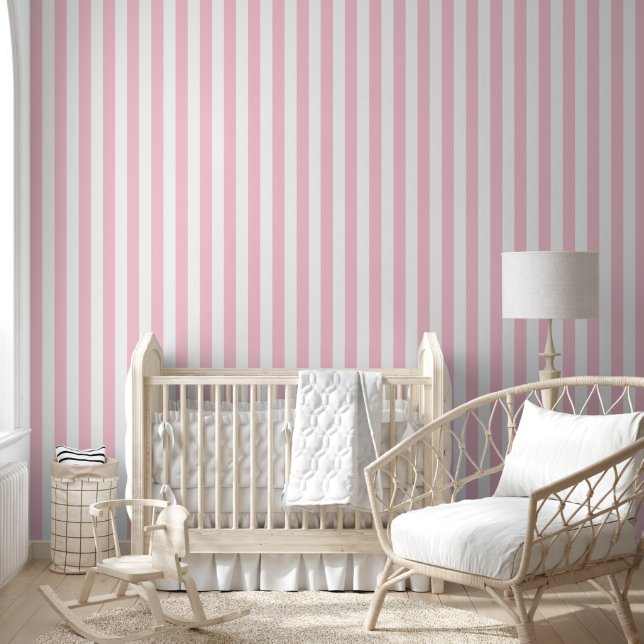 Papier Peint Rayures verticales bébé rose et blanc rayé (Enfants)