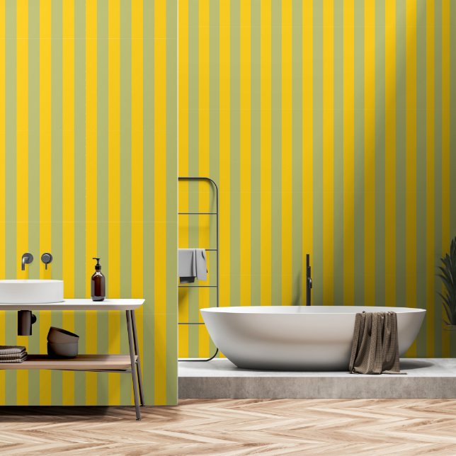 Papier Peint Rayures verticales or et sauge (Salle de bain)