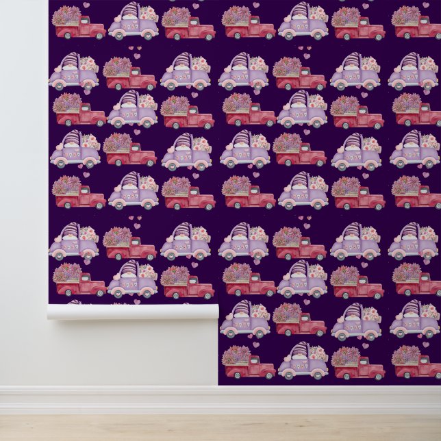 Papier Peint Red Floral Car Gnome Romantic Textured Vinyl (Application)