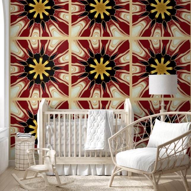 Papier Peint Regal Crimson Starburst: Golden Core Symmetric Des (Enfants)