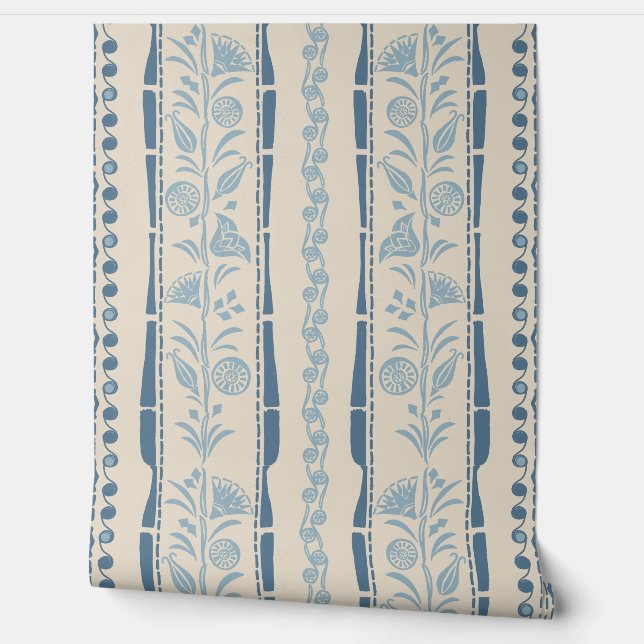 Papier Peint Regency Floral Stripes - Dusty Blue - cream  (Déroulement)