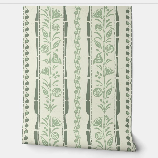 Papier Peint Regency Floral Stripes - Sage Green - Cream (Déroulement)