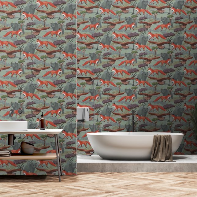 Papier Peint Renard et ours vert (Salle de bain)