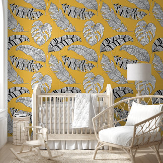 Papier Peint Résumé Jaune Noir Palme Feuilles amovible