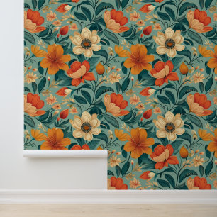 Papier Peint Retro Floral Bohême Orange Mint Green