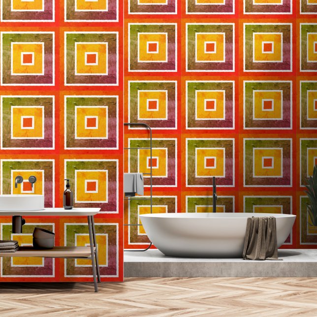 Papier Peint Retro Geometric Color Blocks Pattern (Salle de bain)