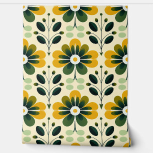 Papier Peint Retro Mid Century Moderne Floral Jaune Vert 70's