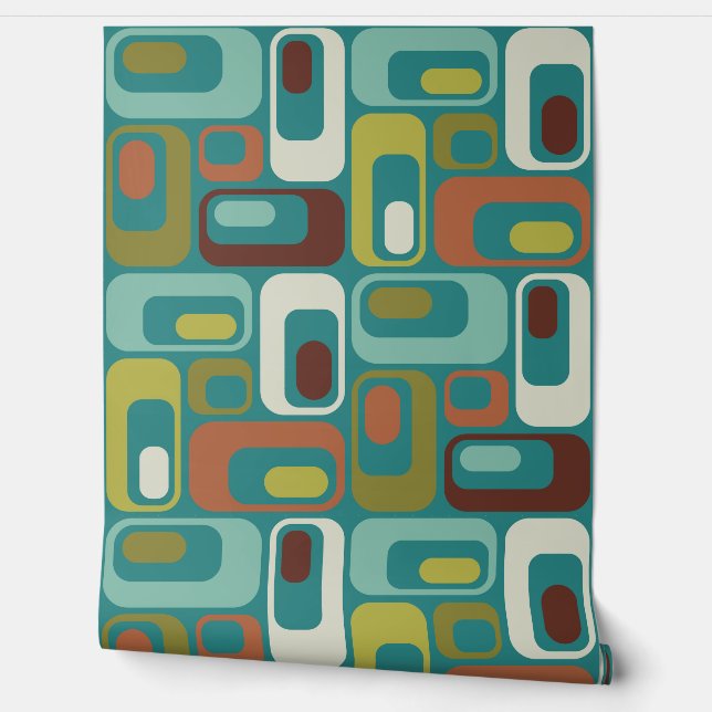 Papier Peint Retro Mod Ovals Coussin Turquoise Aqua Green Brown (Déroulement)
