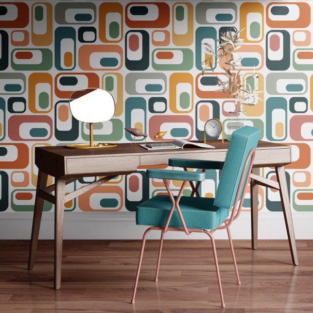 Papier Peint Retro Mod Ovals Teal Sage Rust Orange Pink Grey (Créateur téléchargé)