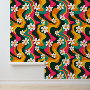 Papier Peint Retro Motif Daisy coloré les années 70 Hippie