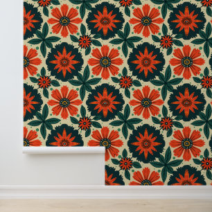 Papier Peint Retro Orange Daisy Motif - Botanique Vintage