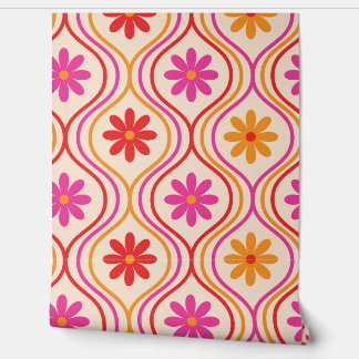 Papier Peint Retro Red Pink Orange Flowers on Ogee custom 