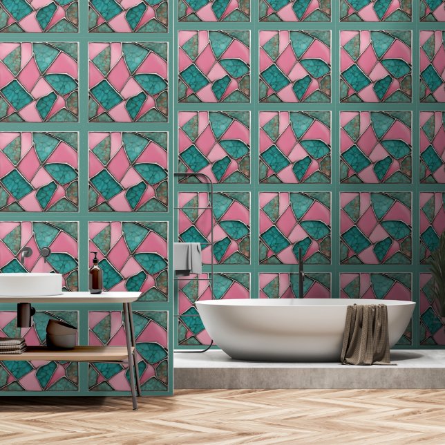 Papier Peint Rhapsodie Abstraite turquoise et rose (Salle de bain)