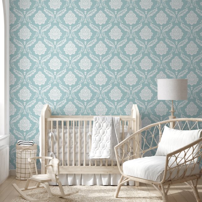 Papier Peint Rococo Damassé Grand Motif Blanc sur Bleu Canard (Enfants)