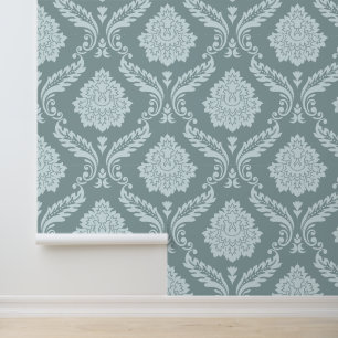 Papier Peint Rococo Damassé Grand Motif Bleu Canard+Turquoise
