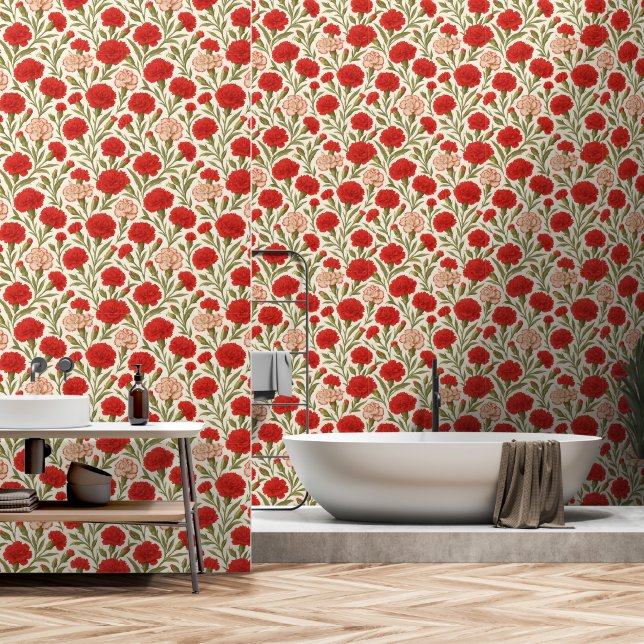 Papier Peint Romantique Botanique Rouge Carnation Florale (Salle de bain)