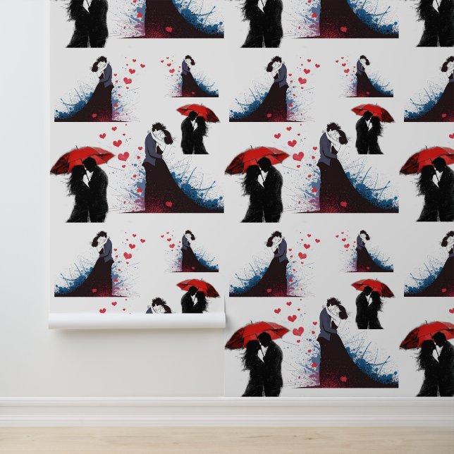 Papier peint romantique Couple avec Parapluie roug (Application)