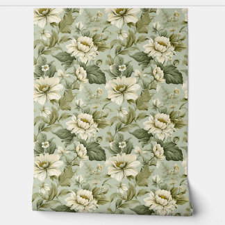 Papier Peint Romantique Shabby chic vert foncé fleurs blanches