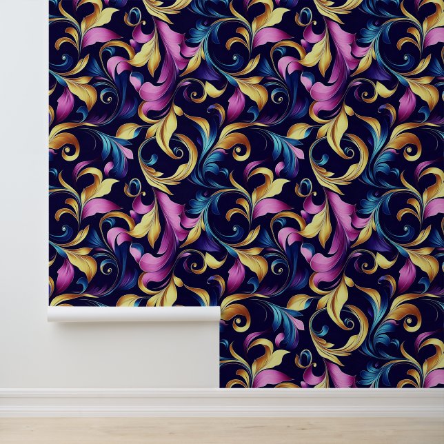 Papier Peint Rose, Bleu, Or, Motif à souffle feuille (Application)