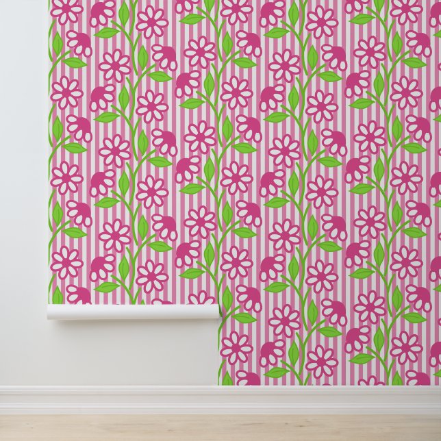 Papier Peint Rose Chaude & Floral Lime sur Rayures de Cabane (Application)