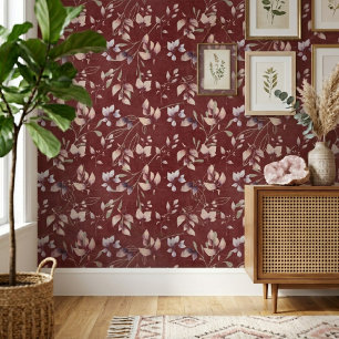 Papier Peint Rose Et Feuilles De Pierre Dorées Sur Fond Rouge É