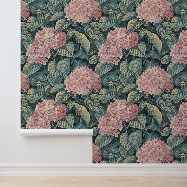 Papier peint rose et vert Hydrangea (Application)