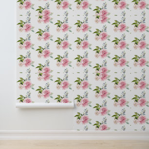 Papier Peint Rose Floral Vert Feuillage Aquarelle Chic