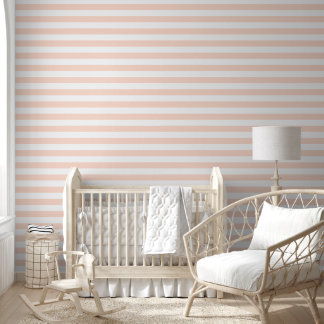 Papier Peint Rose Pâle et Rayures Horizontales Blanches Larges